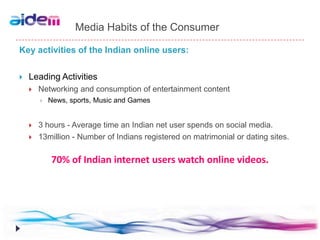 Media Habits of the Consumer

Key activities of the Indian online users:

   Leading Activities
       Networking and consumption of entertainment content
           News, sports, Music and Games


       3 hours - Average time an Indian net user spends on social media.
       13million - Number of Indians registered on matrimonial or dating sites.

            70% of Indian internet users watch online videos.
 