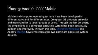 Phase 5: 2000??-???? Mobile
Mobile and computer operating systems have been developed in
different ways and for different uses. Computer OS products are older
and more familiar to larger groups of users. Through the last 20 years,
the simple idea of a computer operating system has been continually
built on and improved. Through this time, Microsoft Windows and
Apple's Mac OS have emerged as the two dominant operating system
designs.
 