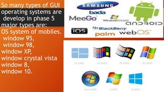 So many types of GUI
operating systems are
develop in phase 5
major types are:
OS system of mobiles.
window 95,
window 98,
window XP,
window crystal vista
window 8,
window 10.
 