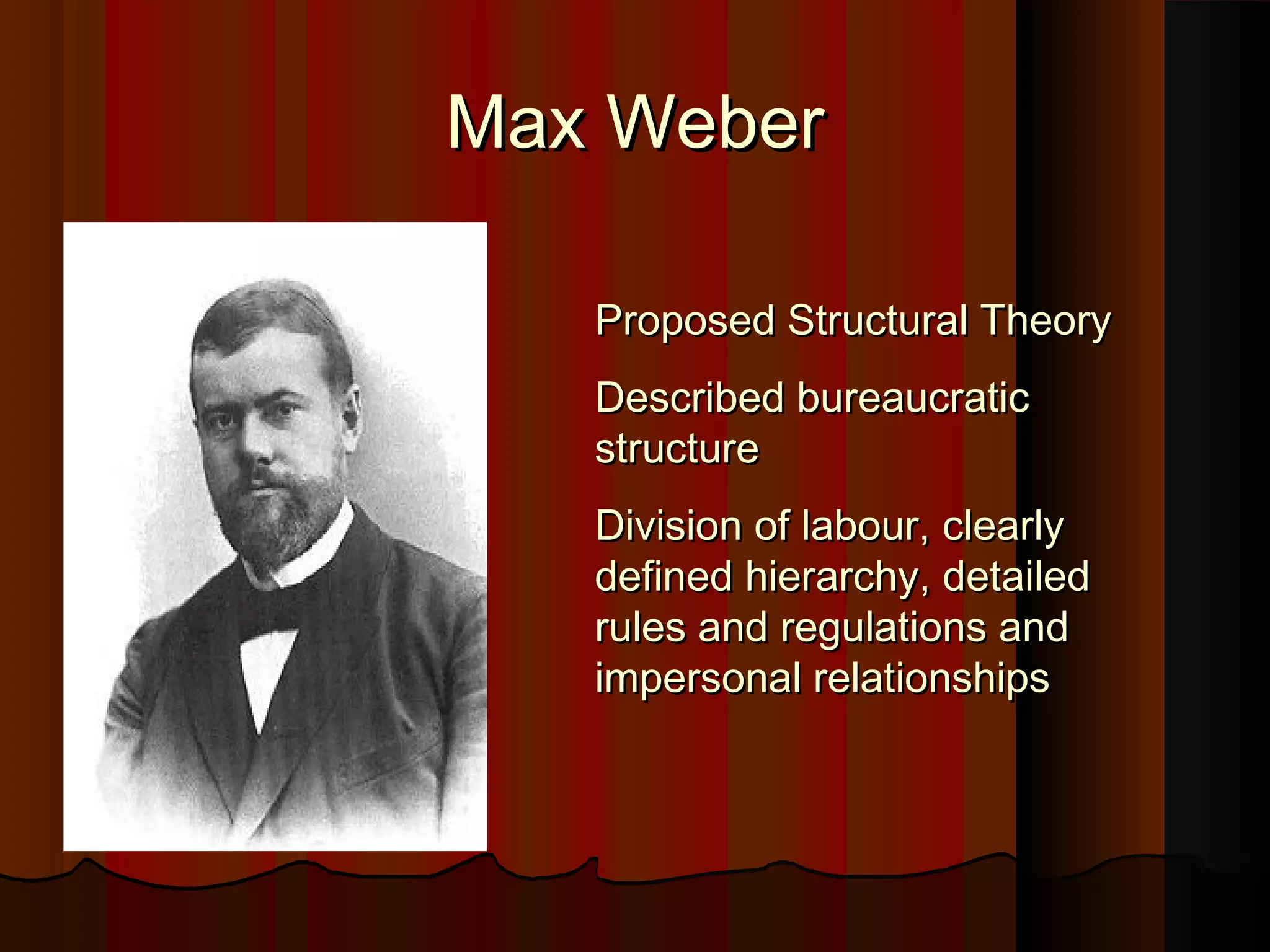 Max Weber
Proposed Structural Theory
Described bureaucratic
structure
Division of labour, clearly
defined hierarchy, detailed
rules and regulations and
impersonal relationships

 