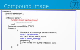 Compound image
software = {
gateway-controller = {
embedded-script = „
function detect_topology(image)
……………………..
end
hardware-compatibility: [ "1.0"];
images: (
{
filename = "<SWU Image for each device>";
type = "swuforwarder“;
sha256 = "<hash 256 of SWU>“;
hook = "detect_topology“
properties {
}; // this will be filles by the embedded script
};
};
 