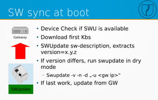 SW sync at boot
Gateway
SWUpdate
●
Device Check if SWU is available
●
Download first Kbs
●
SWUpdate sw-description, extracts
version=x.y.z
●
If version differs, run swupdate in dry
mode
– Swupdate -v -n -d „-u <gw ip>“
●
If last work, update from GW
 