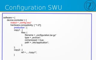 Configuration SWU
software = {
device-controller = {
output = „config.swu“
hardware-compatibility: [ "1.0"];
production : {
copy1 : {
files: (
filename = „configuration.tar.gz“
type = „archive“;
compressed = true;
path = „/etc/application“;
);
};
copy2 : {
ref = „ ../copy1“;
}
 