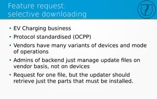 Feature request:
selective downloading
●
EV Charging business
●
Protocol standardised (OCPP)
●
Vendors have many variants of devices and mode
of operations
●
Admins of backend just manage update files on
vendor basis, not on devices
●
Request for one file, but the updater should
retrieve just the parts that must be installed.
 
