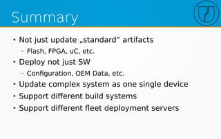 Summary
●
Not just update „standard“ artifacts
– Flash, FPGA, uC, etc.
●
Deploy not just SW
– Configuration, OEM Data, etc.
●
Update complex system as one single device
●
Support different build systems
●
Support different fleet deployment servers
 
