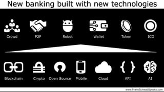 New banking built with new technologies
Crypto Cloud API AIMobileBlockchain
Crowd P2P
^
Open Source
TokenWallet ICORobot
www.FrankSchwabSpeaks.com
 