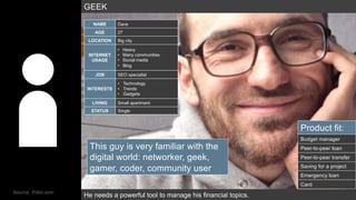 He needs a powerful tool to manage his financial topics.
NAME Dave
AGE 27
LOCATION Big city
INTERNET
USAGE
• Heavy
• Many communities
• Social media
• Blog
JOB SEO specialist
INTERESTS
• Technology
• Trends
• Gadgets
LIVING Small apartment
STATUS Single
Product fit:
Saving for a project
Peer-to-peer loan
Emergency loan
Budget manager
Card
Peer-to-peer transfer
This guy is very familiar with the
digital world: networker, geek,
gamer, coder, community user
Source: Fidor.com
GEEK
 