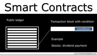 Smart Contracts
Public ledger
Transaction block with condition
condition
Example
Stocks: dividend payment
www.FrankSchwabSpeaks.com
 
