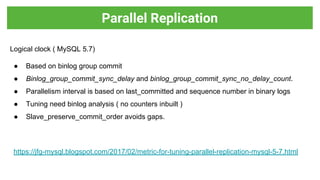 Logical clock ( MySQL 5.7)
● Based on binlog group commit
● Binlog_group_commit_sync_delay and binlog_group_commit_sync_no_delay_count.
● Parallelism interval is based on last_committed and sequence number in binary logs
● Tuning need binlog analysis ( no counters inbuilt )
● Slave_preserve_commit_order avoids gaps.
https://jfg-mysql.blogspot.com/2017/02/metric-for-tuning-parallel-replication-mysql-5-7.html
Parallel Replication
 