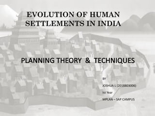 EVOLUTION OF HUMAN
SETTLEMENTS IN INDIA
BY
JOSHUA L (2018803006)
Ist Year
MPLAN – SAP CAMPUS
 