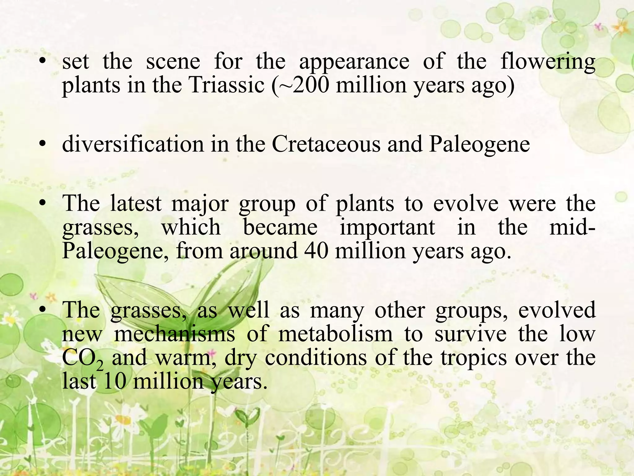 • set the scene for the appearance of the flowering
plants in the Triassic (~200 million years ago)
• diversification in the Cretaceous and Paleogene
• The latest major group of plants to evolve were the
grasses, which became important in the mid-
Paleogene, from around 40 million years ago.
• The grasses, as well as many other groups, evolved
new mechanisms of metabolism to survive the low
CO2 and warm, dry conditions of the tropics over the
last 10 million years.
 