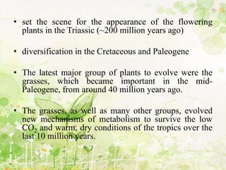 • set the scene for the appearance of the flowering
plants in the Triassic (~200 million years ago)
• diversification in the Cretaceous and Paleogene
• The latest major group of plants to evolve were the
grasses, which became important in the mid-
Paleogene, from around 40 million years ago.
• The grasses, as well as many other groups, evolved
new mechanisms of metabolism to survive the low
CO2 and warm, dry conditions of the tropics over the
last 10 million years.
 