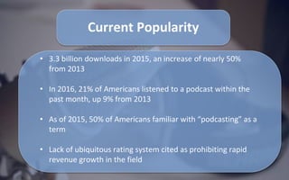 Current Popularity
• 3.3 billion downloads in 2015, an increase of nearly 50%
from 2013
• In 2016, 21% of Americans listened to a podcast within the
past month, up 9% from 2013
• As of 2015, 50% of Americans familiar with “podcasting” as a
term
• Lack of ubiquitous rating system cited as prohibiting rapid
revenue growth in the field
 