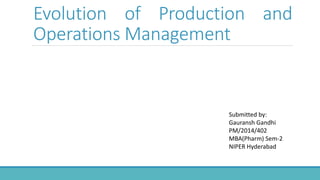 Evolution of Production and
Operations Management
Submitted by:
Gauransh Gandhi
PM/2014/402
MBA(Pharm) Sem-2
NIPER Hyderabad
 