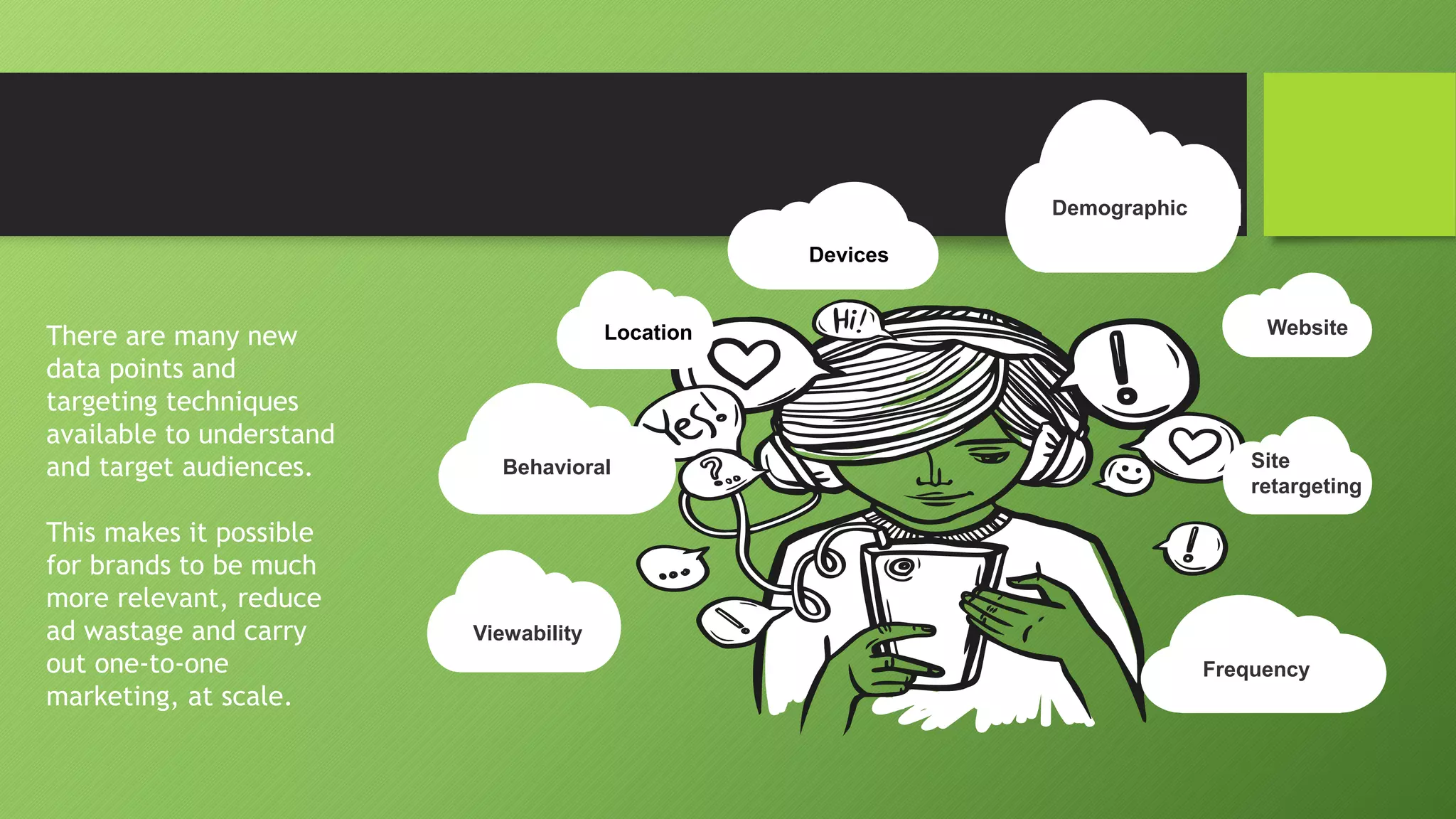 There are many new
data points and
targeting techniques
available to understand
and target audiences.
This makes it possible
for brands to be much
more relevant, reduce
ad wastage and carry
out one-to-one
marketing, at scale.
Location
Devices
Demographic
Behavioral
Website
Viewability
Site
retargeting
Frequency
 