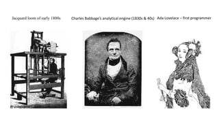Jacquard loom of early 1800s Charles Babbage’s analytical engine (1830s & 40s) Ada Lovelace – first programmer
 