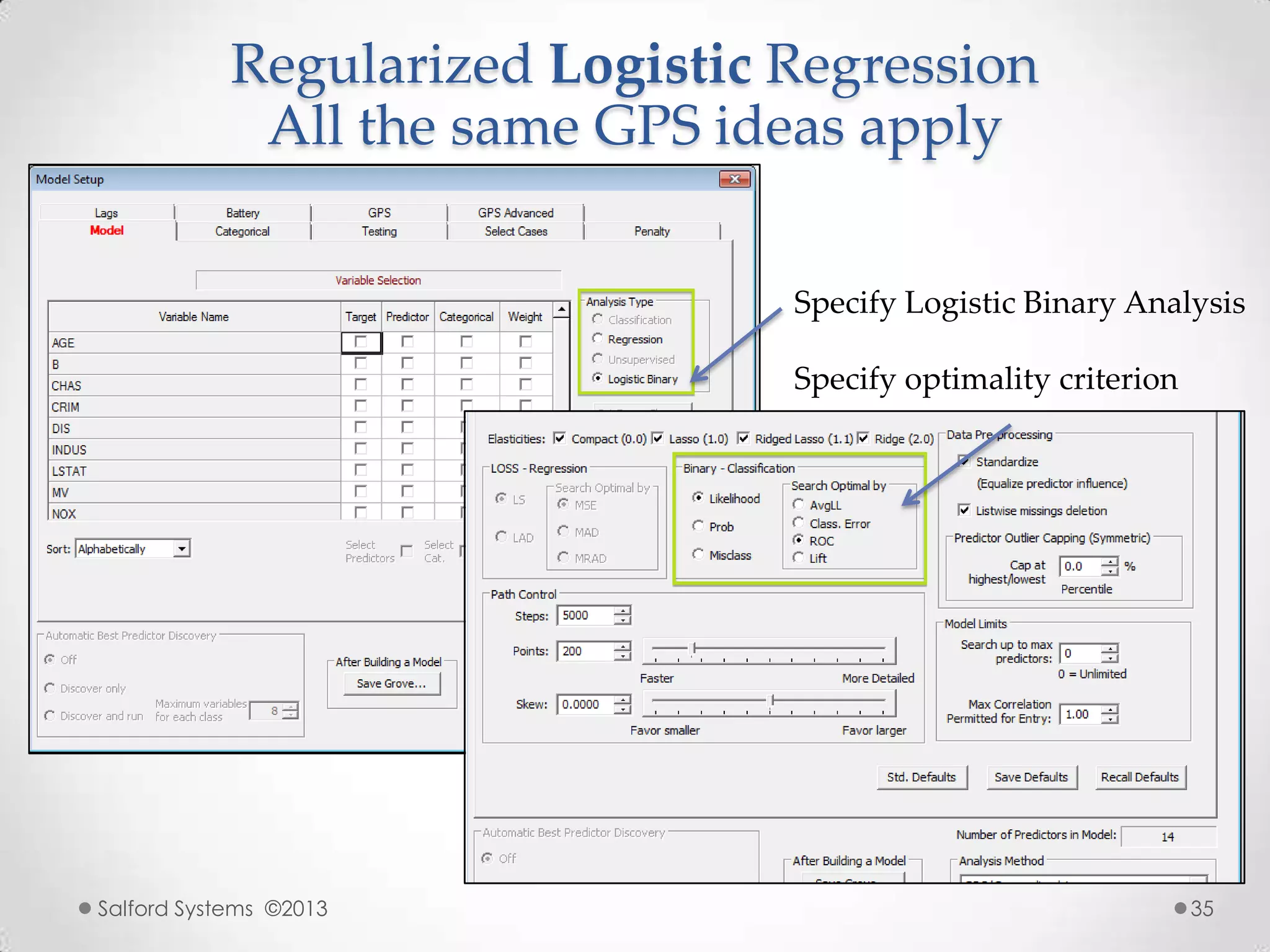 Regularized Logistic Regression
All the same GPS ideas apply
Salford Systems ©2013 35
Specify Logistic Binary Analysis
Specify optimality criterion
 