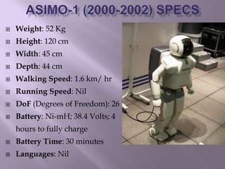  Weight: 52 Kg
 Height: 120 cm
 Width: 45 cm
 Depth: 44 cm
 Walking Speed: 1.6 km/ hr
 Running Speed: Nil
 DoF (Degrees of Freedom): 26
 Battery: Ni-mH; 38.4 Volts; 4
hours to fully charge
 Battery Time: 30 minutes
 Languages: Nil
 