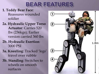 1. Teddy Bear Face:
Reassures wounded
soldier
2a. Hydraulic Upper Torso
Actuator: Carries 520
lbs (236kgs); Earlier
version carried 360 lbs
2b. Hydraulic Exertion:
3000 PSI
3a. Kneeling: Tracked ‘legs’
travel over rubble
3b. Standing: Switches to
wheels on smooth
surfaces
 