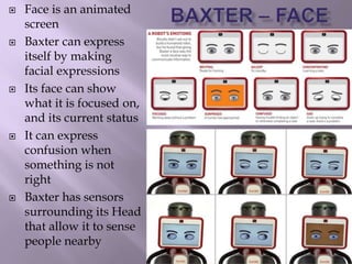  Face is an animated
screen
 Baxter can express
itself by making
facial expressions
 Its face can show
what it is focused on,
and its current status
 It can express
confusion when
something is not
right
 Baxter has sensors
surrounding its Head
that allow it to sense
people nearby
 
