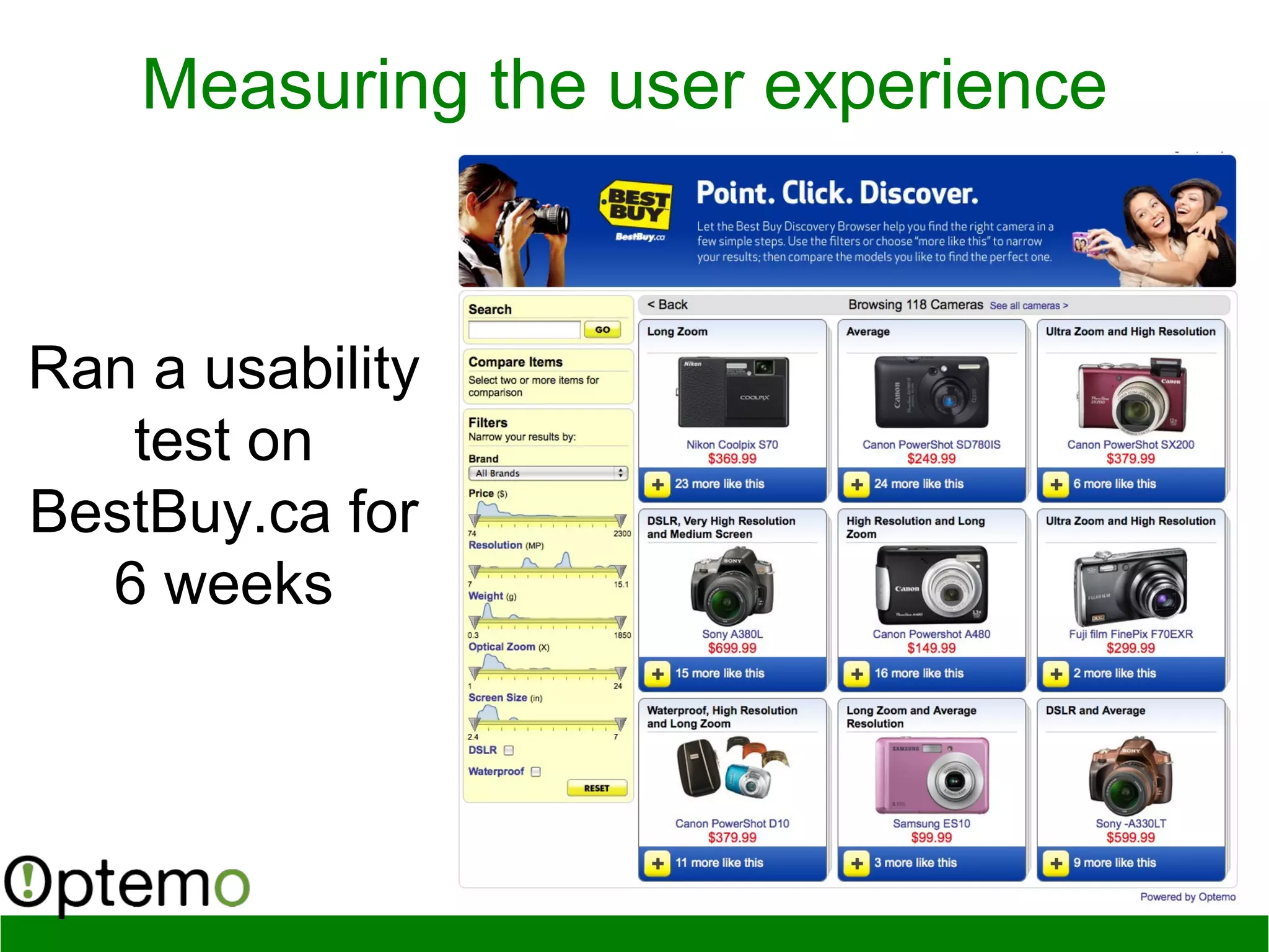 Measuring the user experience
Ran a usability
test on
BestBuy.ca for
6 weeks
 