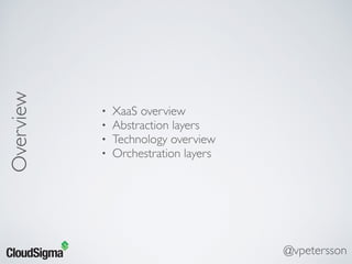Overview
• XaaS overview
• Abstraction layers
• Technology overview
• Orchestration layers
@vpetersson
 