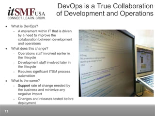 What is DevOps?
– A movement within IT that is driven
by a need to improve the
collaboration between development
and operations
 What does this change?
– Operations staff involved earlier in
the lifecycle
– Development staff involved later in
the lifecycle
– Requires significant ITSM process
automation
 What is the same?
– Support rate of change needed by
the business and minimize any
negative impact
– Changes and releases tested before
deployment
DevOps is a True Collaboration
of Development and Operations
11
 