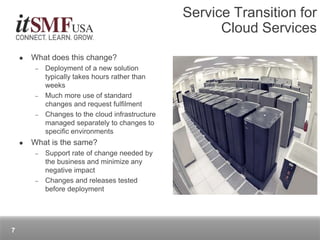  What does this change?
– Deployment of a new solution
typically takes hours rather than
weeks
– Much more use of standard
changes and request fulfilment
– Changes to the cloud infrastructure
managed separately to changes to
specific environments
 What is the same?
– Support rate of change needed by
the business and minimize any
negative impact
– Changes and releases tested
before deployment
Service Transition for
Cloud Services
7
 