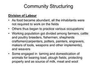 Community Structuring
Division of Labour
• As food became abundant, all the inhabitants were
not required to work on the fields
• Others thus began to practice various occupations
• Working population got divided among farmers, cattle
and poultry breeders, fishermen, shepherds
craftsmen(carpenters, potters, painters, engravers,
makers of tools, weapons and other implements),
and weavers
• Some engaged in taming and domestication of
animals for bearing load, plough fields, protecting
property and as source of milk, meat and wool
 