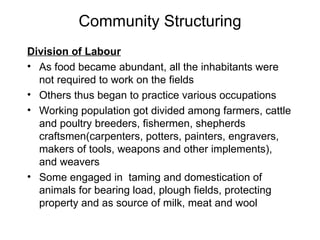 Community Structuring Division of Labour As food became abundant, all the inhabitants were not required to work on the fields Others thus began to practice various occupations Working population got divided among farmers, cattle and poultry breeders, fishermen, shepherds craftsmen(carpenters, potters, painters, engravers, makers of tools, weapons and other implements), and weavers Some engaged in  taming and domestication of animals for bearing load, plough fields, protecting property and as source of milk, meat and wool 