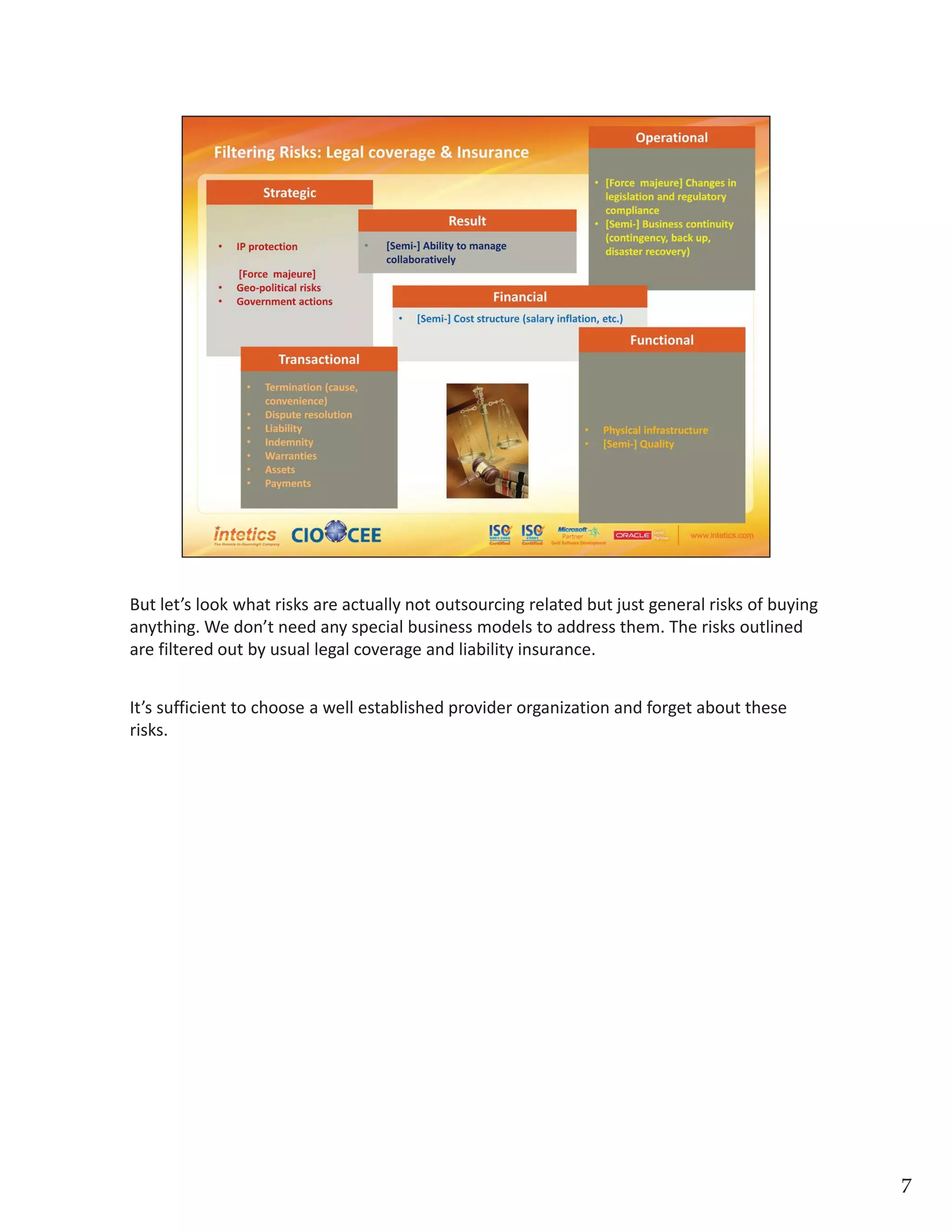 But let’s look what risks are actually not outsourcing related but just general risks of buying 
anything. We don’t need any special business models to address them. The risks outlined 
are filtered out by usual legal coverage and liability insurance. It’s sufficient to choose a 
well established provider organization and forget about these risks.
7
 