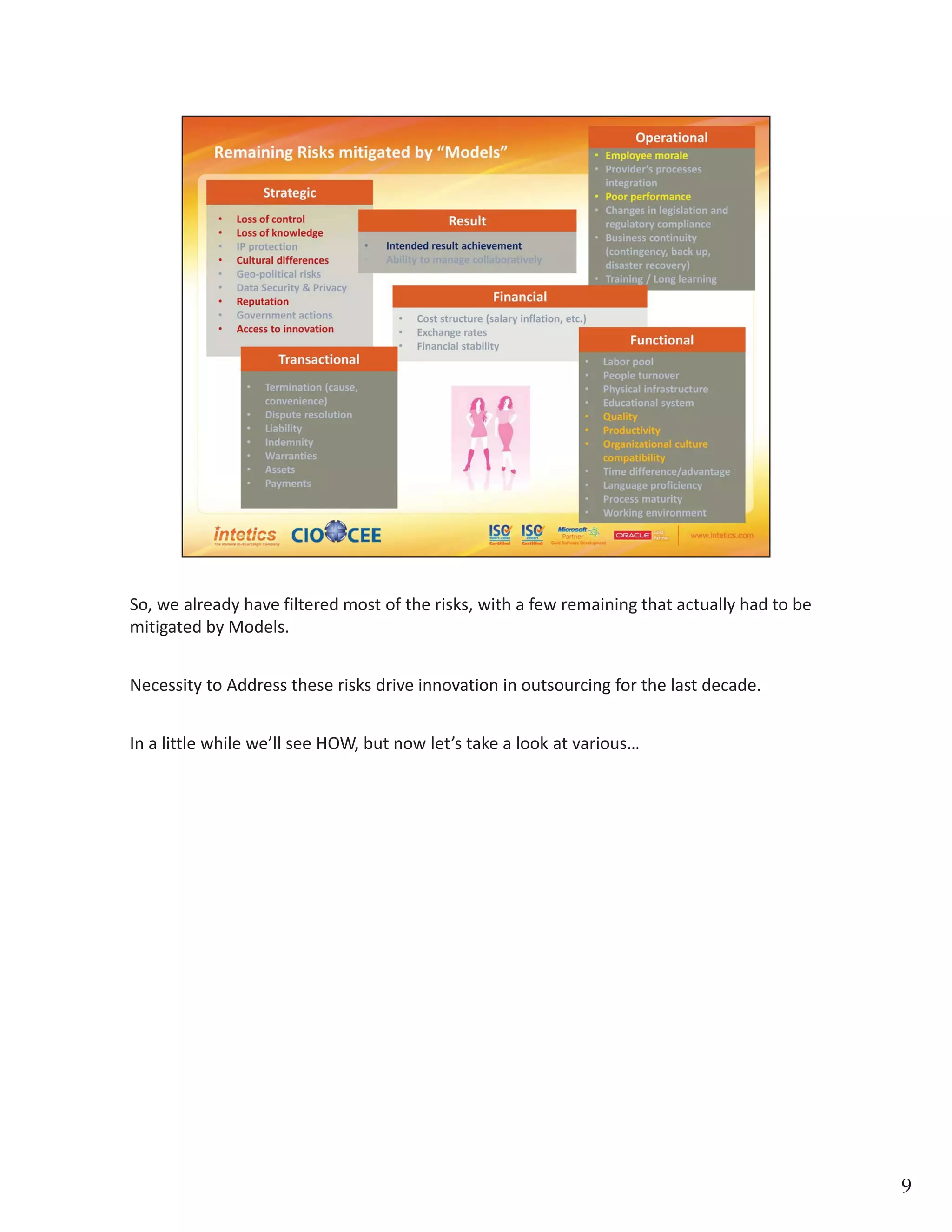 So, we already have filtered most of the risks, with a few remaining that actually had to be 
mitigated by Models. Necessity to Address these risks drive innovation in outsourcing for 
the last decade.In a little while we’ll see HOW, but now let’s take a look at various…
9
 