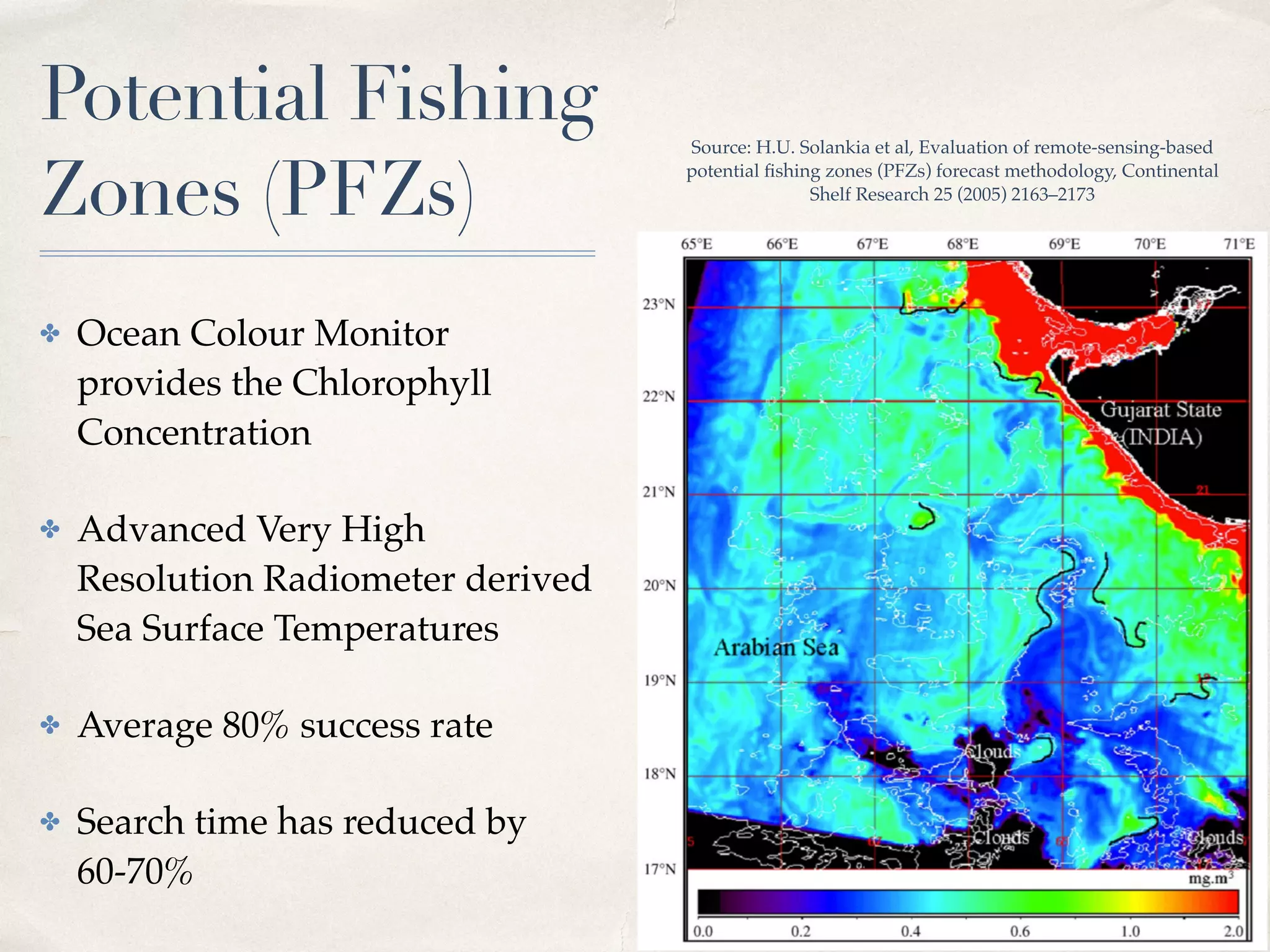 01 
Potential Fishing 
Zones (PFZs) 
✤ Ocean Colour Monitor 
provides the Chlorophyll 
Concentration ! 
✤ Advanced Very High 
Resolution Radiometer derived 
Sea Surface Temperatures! 
✤ Average 80% success rate! 
✤ Search time has reduced by 
60-70% 
Source: H.U. Solankia et al, Evaluation of remote-sensing-based 
potential fishing zones (PFZs) forecast methodology, Continental 
Shelf Research 25 (2005) 2163–2173 
 