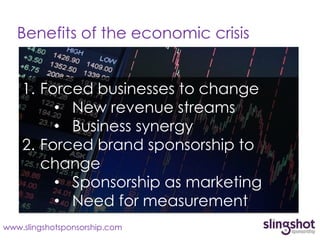 Benefits of the economic crisis


    1. Forced businesses to change
         • New revenue streams
         • Business synergy
    2. Forced brand sponsorship to
       change
         • Sponsorship as marketing
         • Need for measurement
www.slingshotsponsorship.com
 