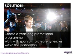 SOLUTION:




   Create a year long promotional
   programme
   Work with sponsors to create synergies
   within the partnership

www.slingshotsponsorship.com
 