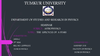 TUMKUR UNIVERSITY
DEPARTMENT OF STUDIES AND RESEARCH IN PHYSICS
SEMINAR
SUBJECT:- ASTROPHYSICS
TOPIC:- THE LIFECYCLE OF A STARS
SUBMITTED BY:
ASHA.C
3RD SEM SUBMITTED TO:
REG NO: 20PPH202 SANDEEP .D.H
DOSR IN PHYSICS FACULTY OF PHYSICS
DOSR IN PHYSICS
 