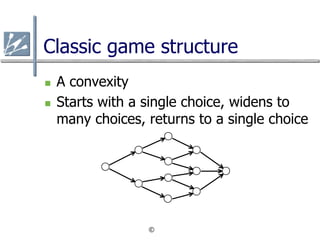 Classic game structure
n    A convexity
n    Starts with a single choice, widens to
      many choices, returns to a sin...