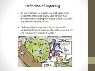 Definition of Superbug
An informal term for a bacterium that has become
resistant to antibiotics usually used to treat it, as
methicillin-resistant Staphylococcus aureus (MRSA) or
any multiresistant bacterium.
"A drug-resistant superbug that spreads by skin
contact is infecting thousands of people across the US
and may now have reached Europe."