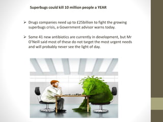 Superbugs could kill 10 million people a YEAR
Drugs companies need up to £25billion to fight the growing
superbugs crisis, a Government advisor warns today.
Some 41 new antibiotics are currently in development, but Mr
O’Neill said most of these do not target the most urgent needs
and will probably never see the light of day.