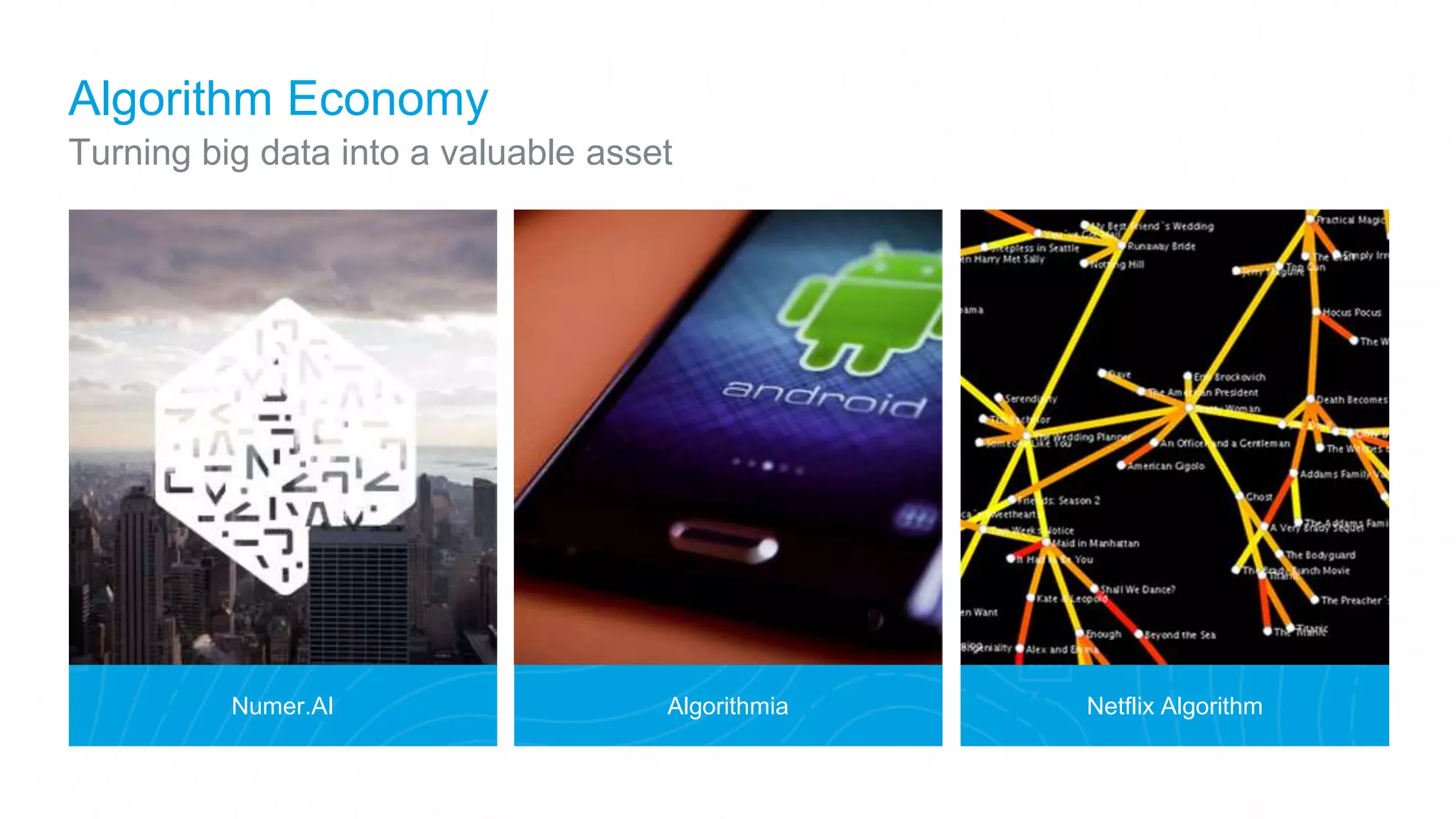 Netflix AlgorithmNumer.AI Algorithmia
Turning big data into a valuable asset
Algorithm Economy
 