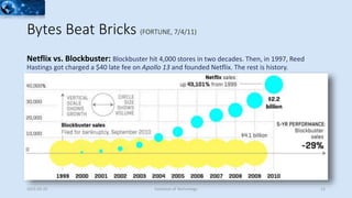 Netflix vs. Blockbuster: Blockbuster hit 4,000 stores in two decades. Then, in 1997, Reed
Hastings got charged a $40 late fee on Apollo 13 and founded Netflix. The rest is history.
2015-02-25 Evolution of Technology 12
Bytes Beat Bricks (FORTUNE, 7/4/11)
 