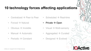 IOActive, Inc. Copyright © 2016. All Rights Reserved.
10 technology forces affecting applications
• Centralized ! Peer to Peer
• Forced ! Natural
• Obvious ! Invisible
• Manual ! Automatic
• Periodic ! Constant
• Scheduled ! Real-time
• Private ! Open
• Visual ! Multi-sensory
• Aggregated ! Curated
• Designed ! Evolved
 