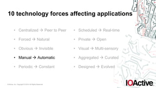 IOActive, Inc. Copyright © 2016. All Rights Reserved.
10 technology forces affecting applications
• Centralized ! Peer to Peer
• Forced ! Natural
• Obvious ! Invisible
• Manual ! Automatic
• Periodic ! Constant
• Scheduled ! Real-time
• Private ! Open
• Visual ! Multi-sensory
• Aggregated ! Curated
• Designed ! Evolved
 