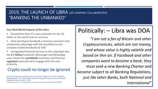 2019, THE LAUNCH OF LIBRA (28 COMPANY COLLABORATIVE)
“BANKING THE UNBANKED”
Four Real World Impacts of the Libra
 Elevate...