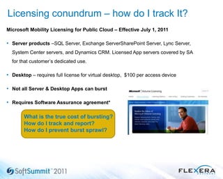 10
Licensing conundrum – how do I track It?
Microsoft Mobility Licensing for Public Cloud – Effective July 1, 2011
• Server products –SQL Server, Exchange ServerSharePoint Server, Lync Server,
System Center servers, and Dynamics CRM. Licensed App servers covered by SA
for that customer‟s dedicated use.
• Desktop – requires full license for virtual desktop, $100 per access device
• Not all Server & Desktop Apps can burst
• Requires Software Assurance agreement*
What is the true cost of bursting?
How do I track and report?
How do I prevent burst sprawl?
 