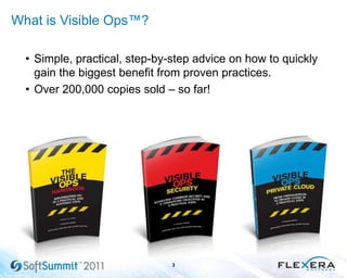 • Simple, practical, step-by-step advice on how to quickly
gain the biggest benefit from proven practices.
• Over 200,000 copies sold – so far!
What is Visible Ops™?
3
 