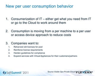 New per user consumption behavior
1. Consumerization of IT – either get what you need from IT
or go to the Cloud to work around them
2. Consumption is moving from a per machine to a per user
or access device approach to reduce costs
3. Companies want to:
1. Reharvest old licenses for pool
2. Reinforce license requirements
3. Harden guidelines for compliance
4. Expand services with Virtual Appliances for their customers/partners
8
Source Visible Ops Private Cloud © IT Process Institute
 