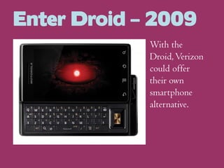 Enter Droid – 2009
With the
Droid, Verizon
could offer
their own
smartphone
alternative.

 