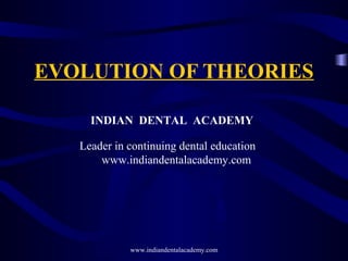 EVOLUTION OF THEORIES
INDIAN DENTAL ACADEMY
Leader in continuing dental education
www.indiandentalacademy.com
www.indiandentalacademy.com
 