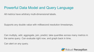 Powerful Data Model and Query Language
All metrics have arbitrary multi-dimensional labels.
Supports any double value with...